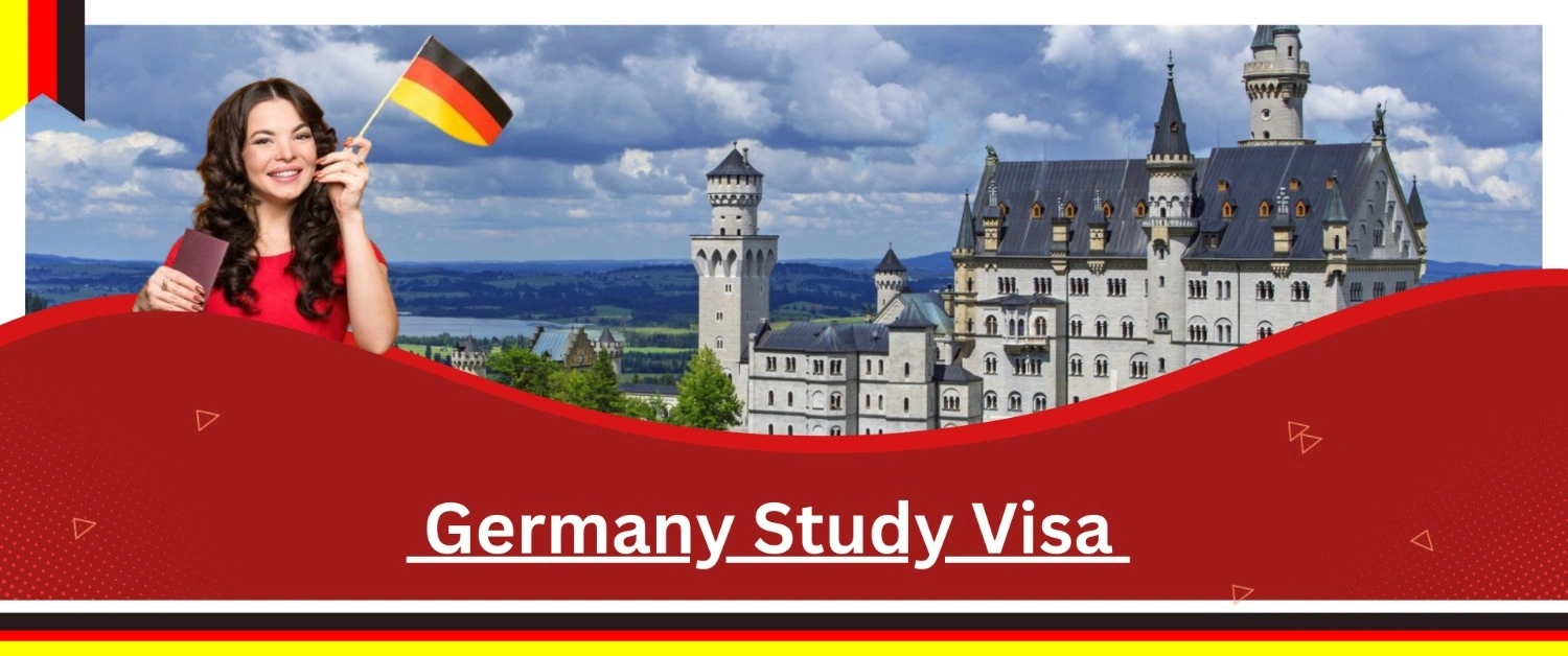 Germany study visa with a girl holding Germany flag in front of Germany university